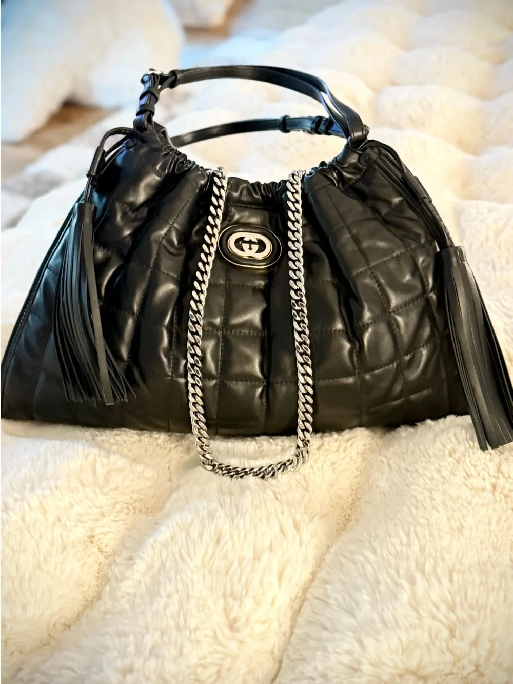 Gucci Matte Black Deco Quilted Leather Shoulder Bag with Leather Tassels